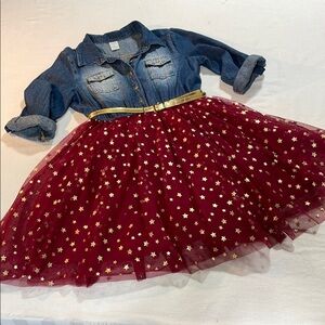 Arizona Jean Co Denim Red Tulle Party Dress with Gold Star Accents EUC